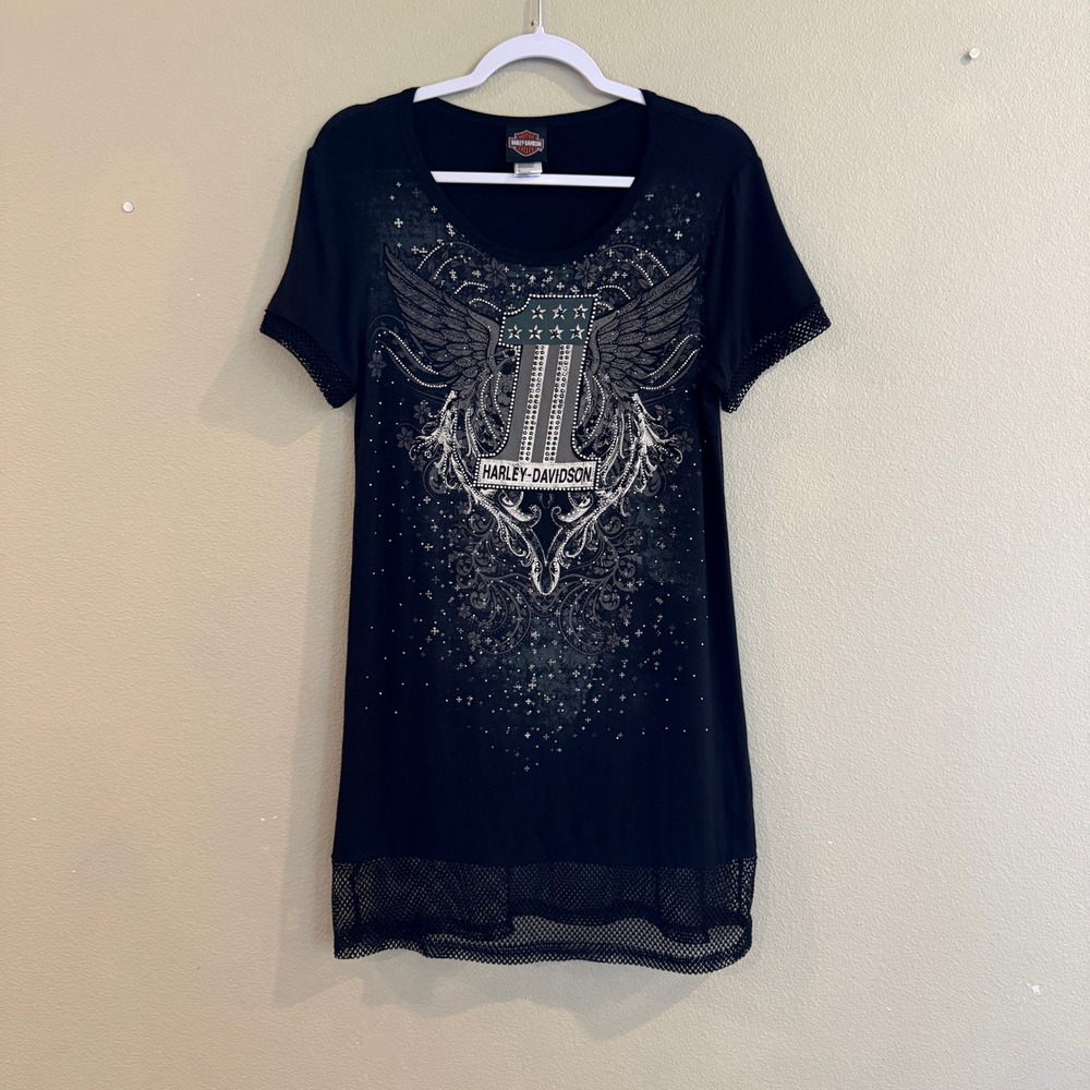 Harley-Davidson T-Shirt Dress Women Medium Black Rhinestone Mesh Hem Biker Core